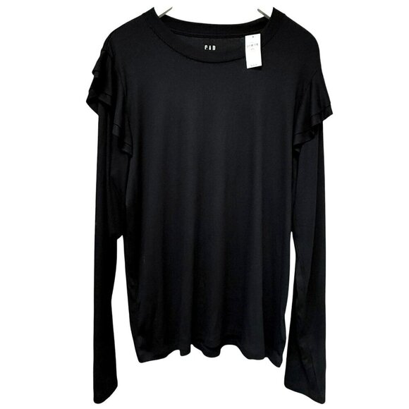 GAP Ruffle Tee Size XXL Black Ribbed Knit Modal Blend Womens Top Long Sleeve NWT - Picture 1 of 10